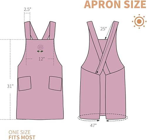 Miniatura 7 de Delantal de algodón para mujer con bolsillos, delantal de jardinería con espalda cruzada para cocinar, hornear y limpiar