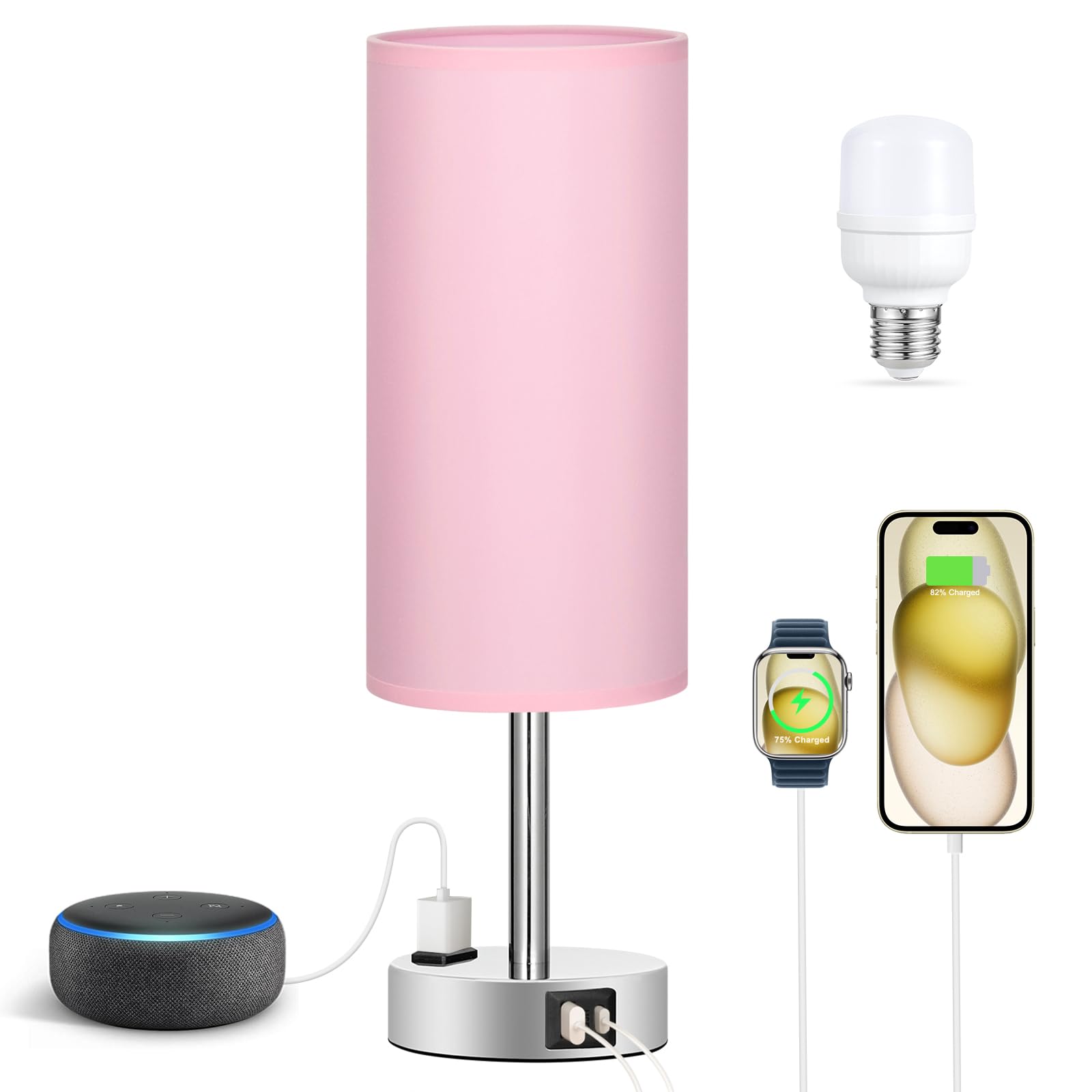 Fenmzee Lámpara rosa para mesita de noche de dormitorio, lámpara de mesa táctil regulable de 3 vías, puertos de carga USB C, lámpara pequeña con salida de CA para escritorio, habitación de niñas