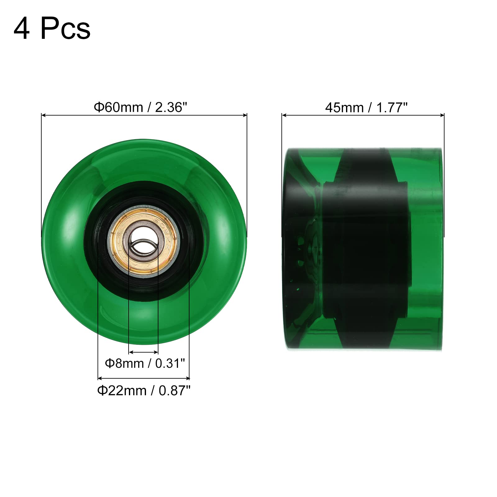 PATIKIL 60mm Longboard Ruote con Cuscinetti ABEC-11, 4pz Street Ruote per Skateboard Cruiser Ruota Sostituzione 80A, Trasparente Verde Oro
