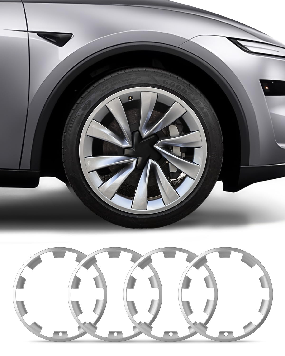 model y all-in-one wheel rim protector for tesla model y juniper 20" helix wheel- strips for curb rash prevention wheel rim protector easy to install (sliver,4pcs)
