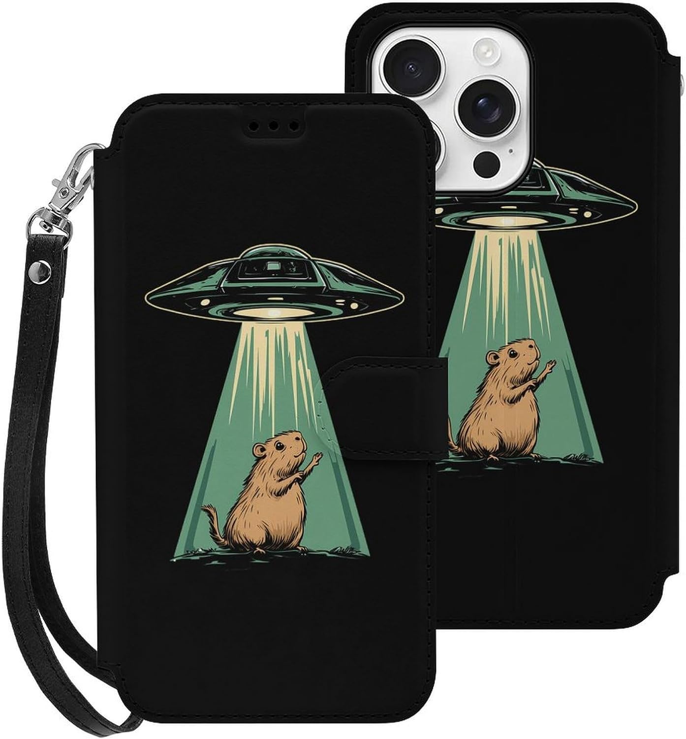 Aliens Capybara Guinea Pigs Compatible with iPhone 16/16 Plus/16 Pro/16 Pro Max/16 E Case Phone Wallet Card Holder Flip Cover with Wrist Strap