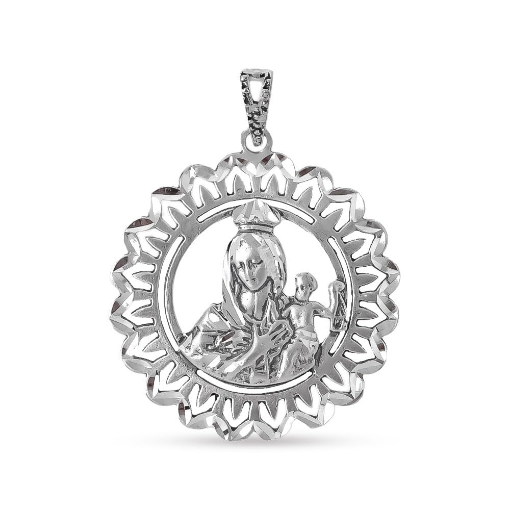 Virgen del Carmen Medalla Plata Ley 925m maciza 34mm. cerco girasol calado