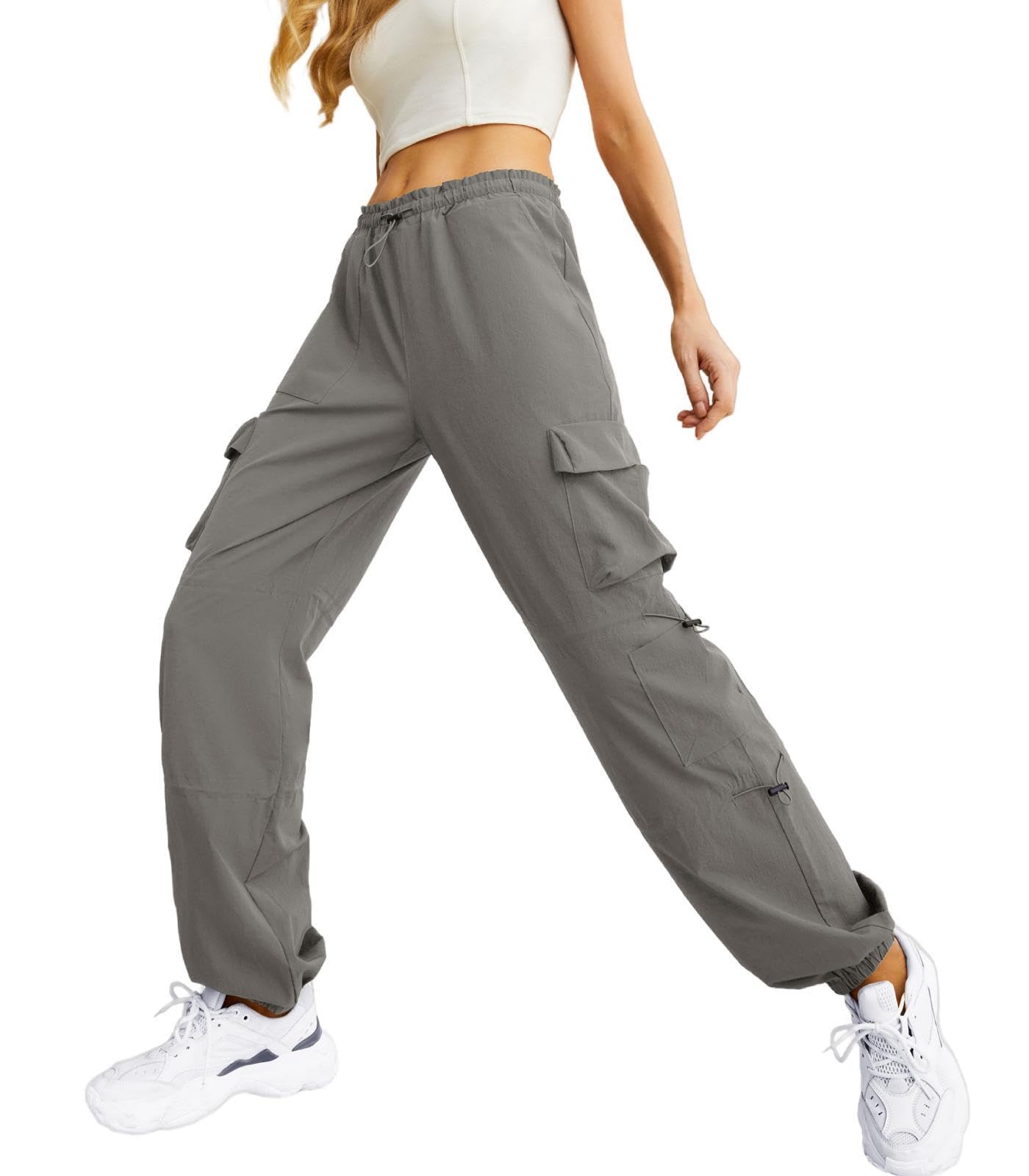 LepunuoParachute Pants for Women Baggy Cargo Pants Drawstring Elastic Waist Y2K Pants Sweatpants Trousers with Pockets
