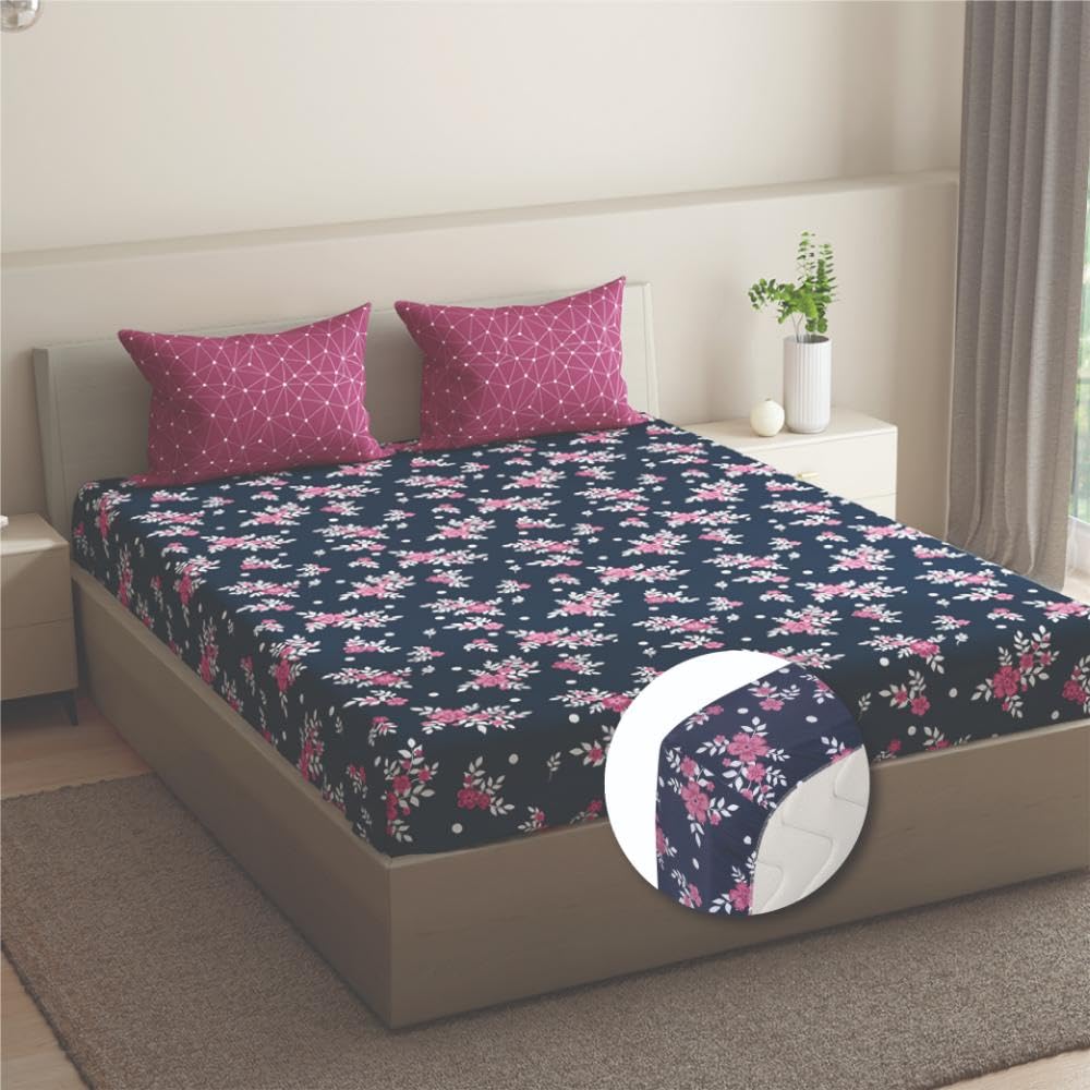 Wakefit Cotton Floral Fitted Bedsheet | 200 TC Elastic Fitted Sheet, Double Bed Bedsheet with 2 Pillow Covers | Paula - 72X48 Inches, Multicolor