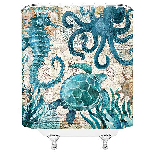 Nautical Animal Beach Shower Curtain Retro Teal Sea Turtle Octopus Seahorse Tropical Underwater Marine Life Seaweed Seashell Coral Reef Vintage Map Blue Ocean Bathroom Curtain With Hooks 70 X 70 Inch #TOP3