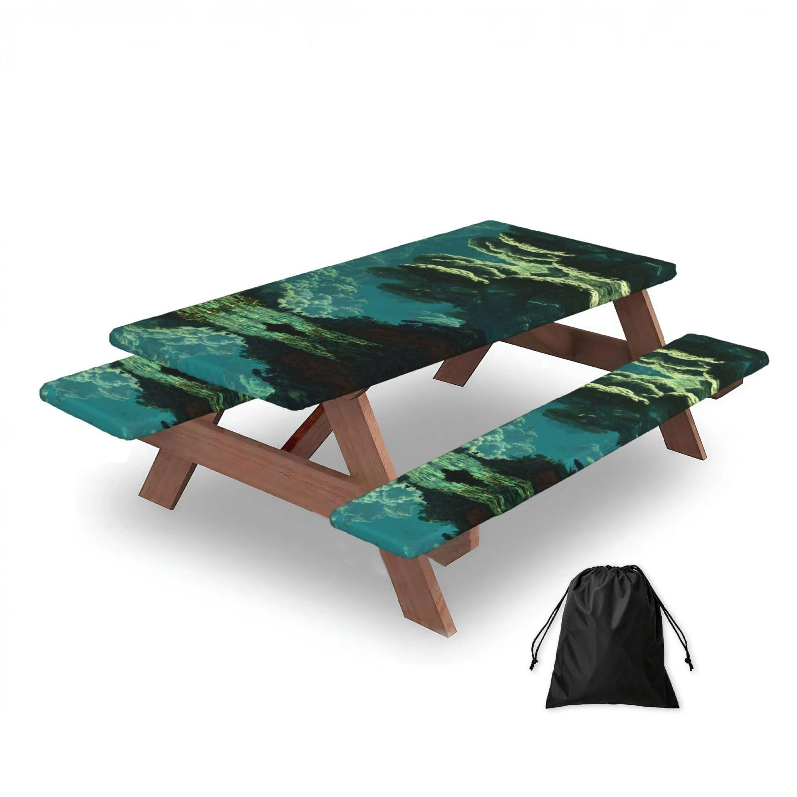 ESNAIUVCD Rainforest Print Picnic Table Cover With Bench Covers,Camping Essentials,Fitted Tablecloth Cover With Elastic Edge, For Indoor & Outdoor 3 Pcs