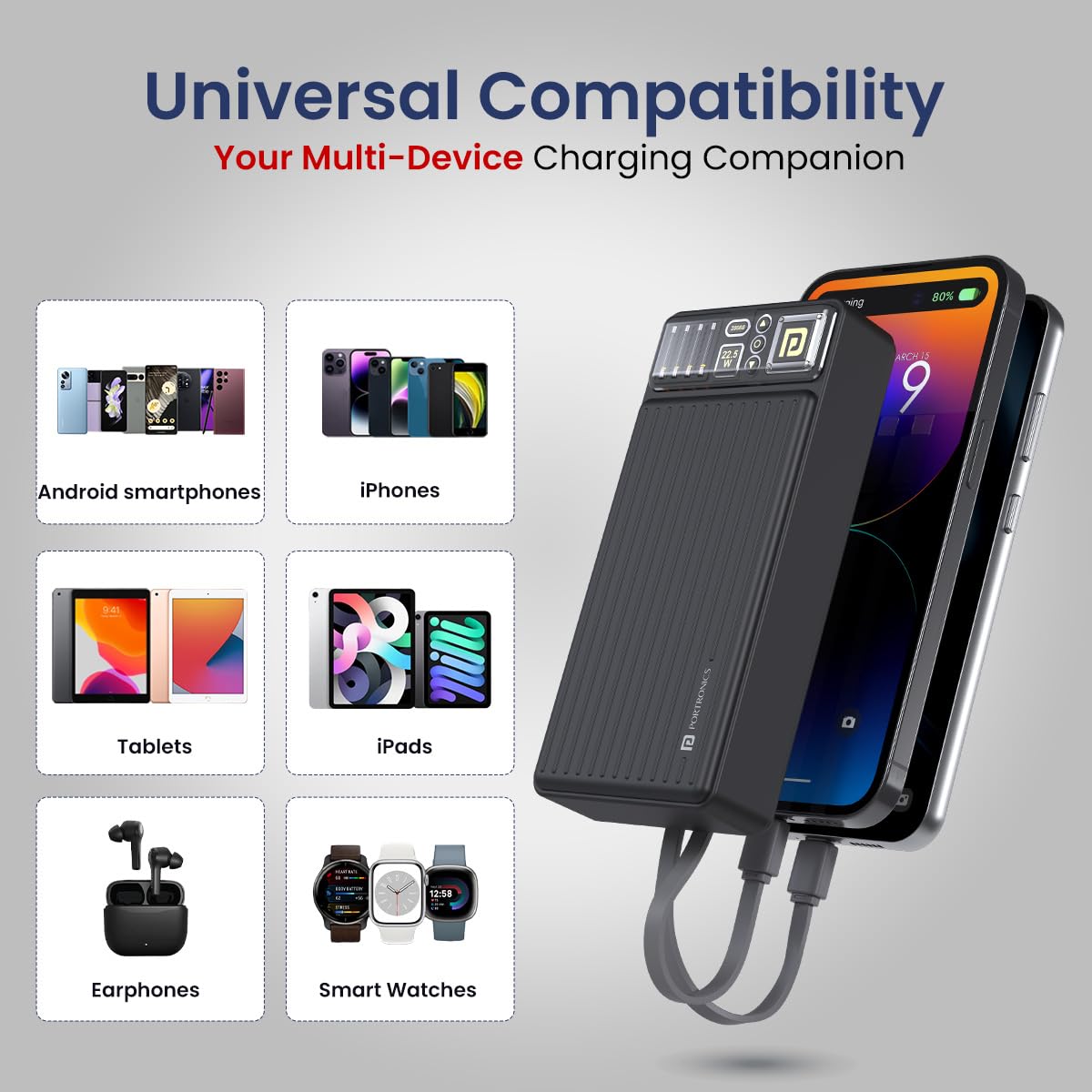 Portronics Luxcell Bind 20k 20000mAh Powerbank with 22.5W Fast Charging, in-Built Type C PD(Input & Output) /8 Pin Cable, LED Indicator, USB-A Mach Output, Compatible with Smartphones,Tablets(Black) — Amazon image 4