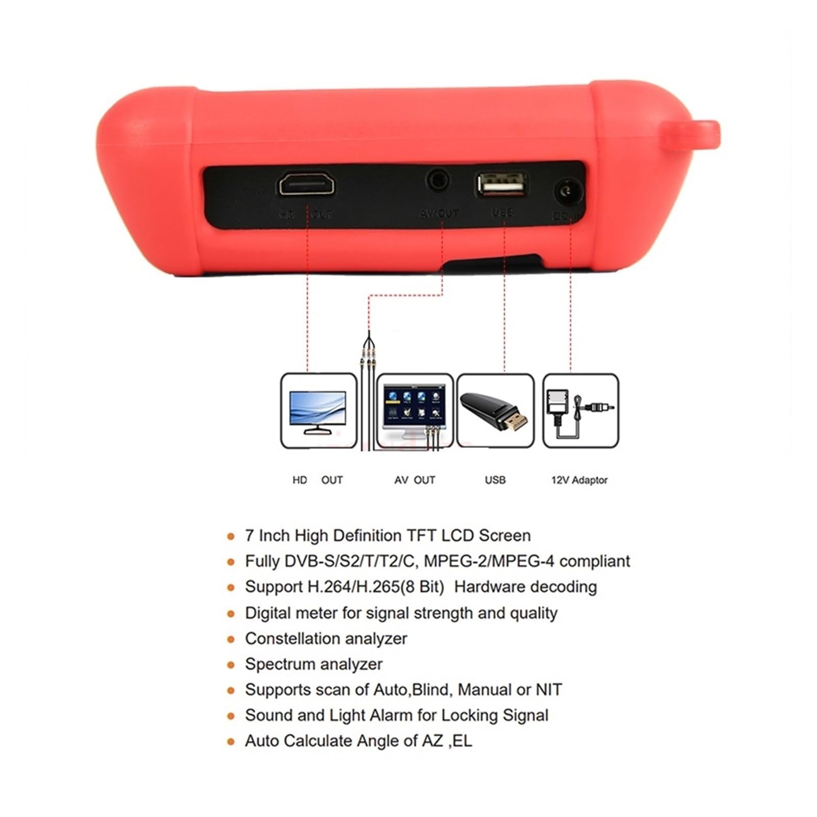 Medidor de Campo TDT, WS-6980 DVB-S2/T2/C Combo SatFinder de señal de satélite Medidor 7 "Pulgadas H.265 MPEG-4 Analizador de Espectro Satélite Sat Finder,para configurar Antena parabólica