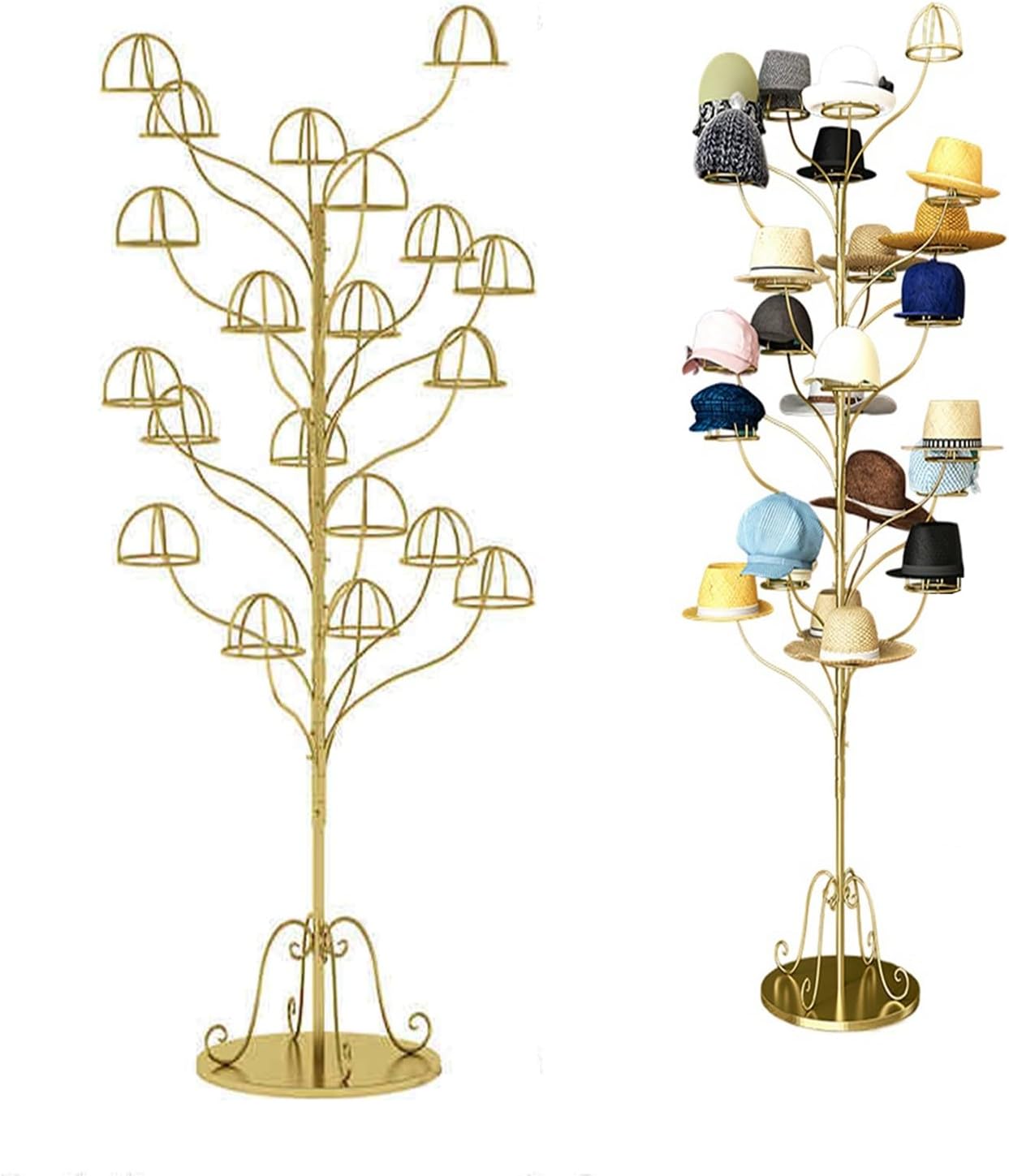 Hat Rack Stand 20 Hooks, Metal Hat Display Rack, Freestanding Hat Rack, Metal Hat Organizer Rack, Large Capacity Hat Storage Rack, Adjustable Layer Height, for Home, Store(Gold)