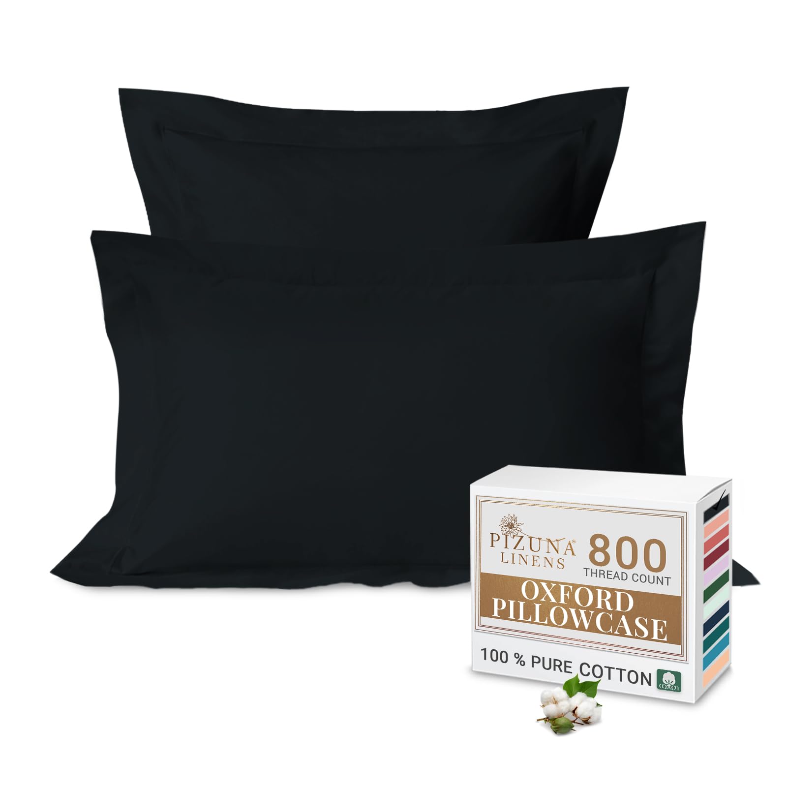 Pizuna Luxurious Cotton Oxford King Size Pillowcases 2 Pack Black 50x90cm, 800 Thread Count Long Staple Combed Cotton Pillow Cover, Crisp Sateen Weave King Pillow Cases (Luxury Pillowcase 2 PC)
