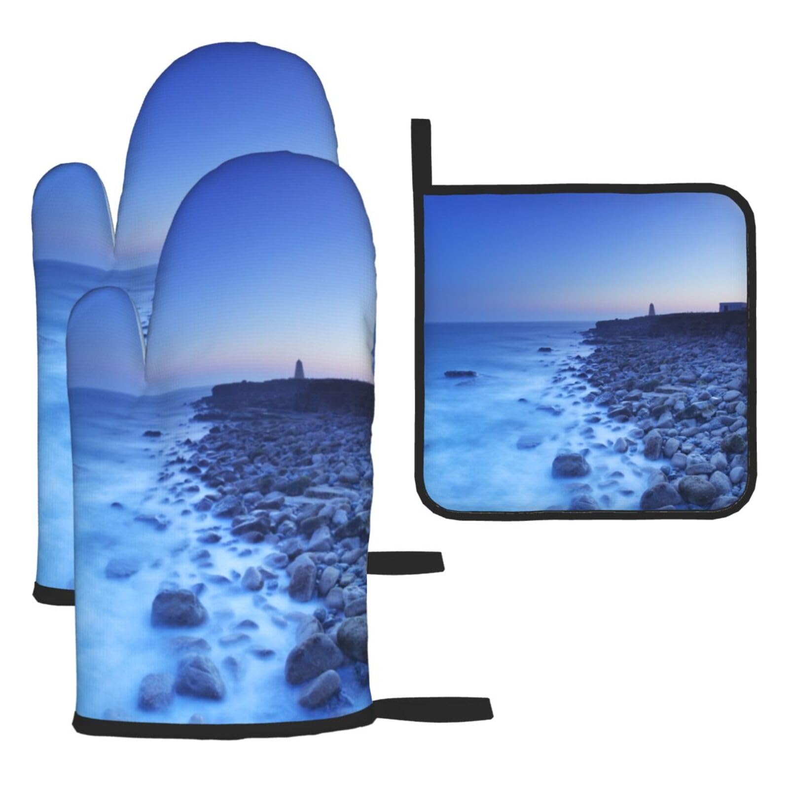 The Seaside Lighthouse Print Oven Set Kitchen Gloves Baking Grilling Microwaving Cooking Gift Everyday Holiday