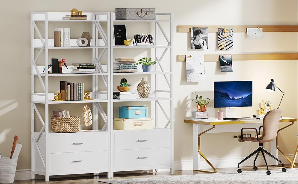 Miniatura 6 de Tribesigns Estantería con cajones, estantería industrial de 70.8 pulgadas con 2 cajones, 5 estantes abiertos para almacenamiento, estante de madera