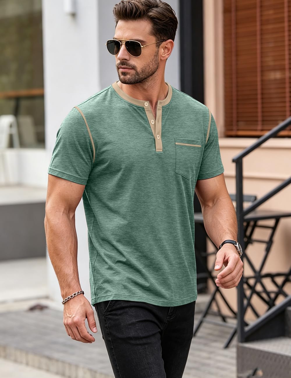 Men's Henley Shirt Casual Button Short Sleeve T-Shirt Summer Patchwork Color Block Tee Shirts