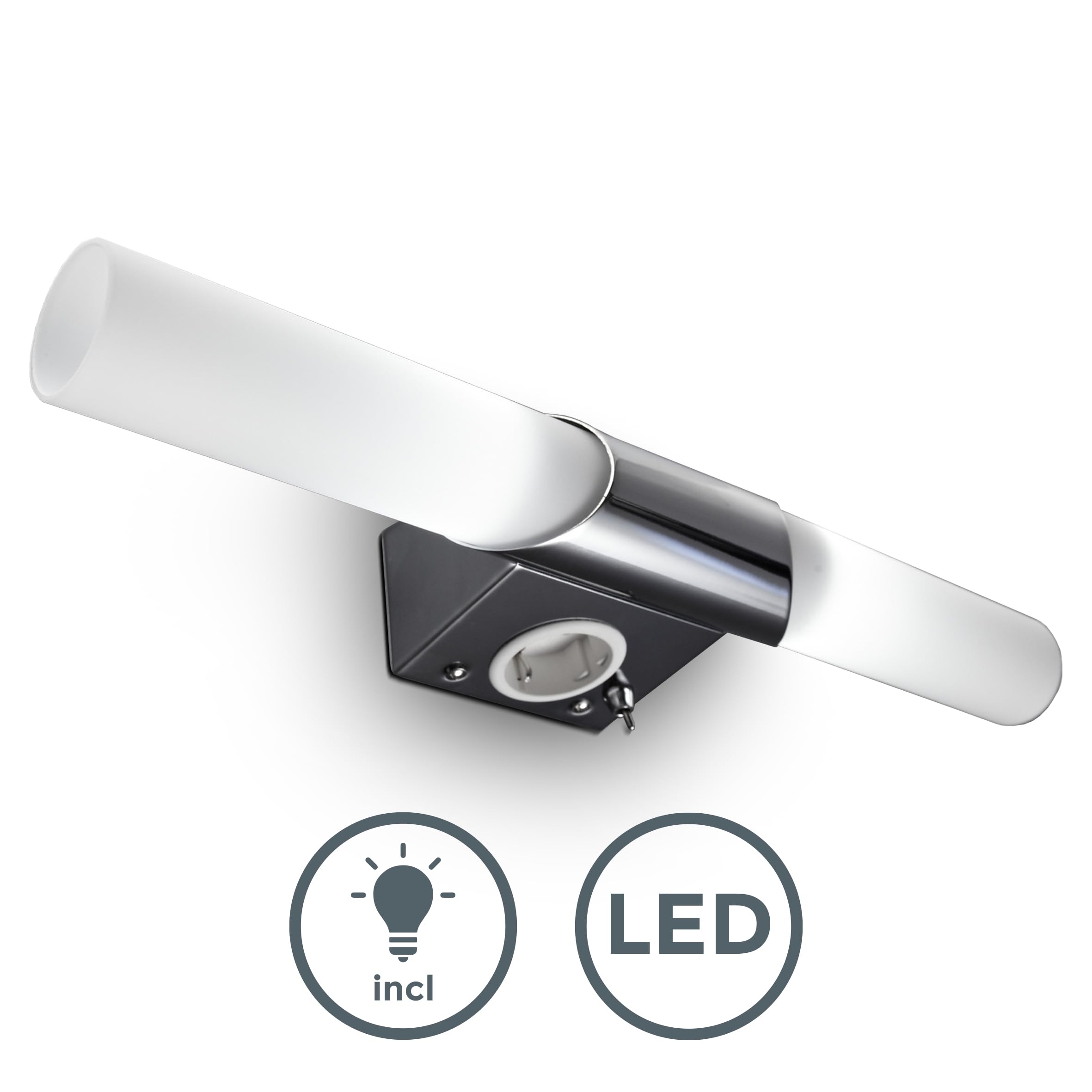 B.K.Licht - Lampada specchio bagno con presa, luce calda, interruttore a levetta, applique da bagno, luce per specchio, lampada da toletta, 44,5x6x11cm, cromo