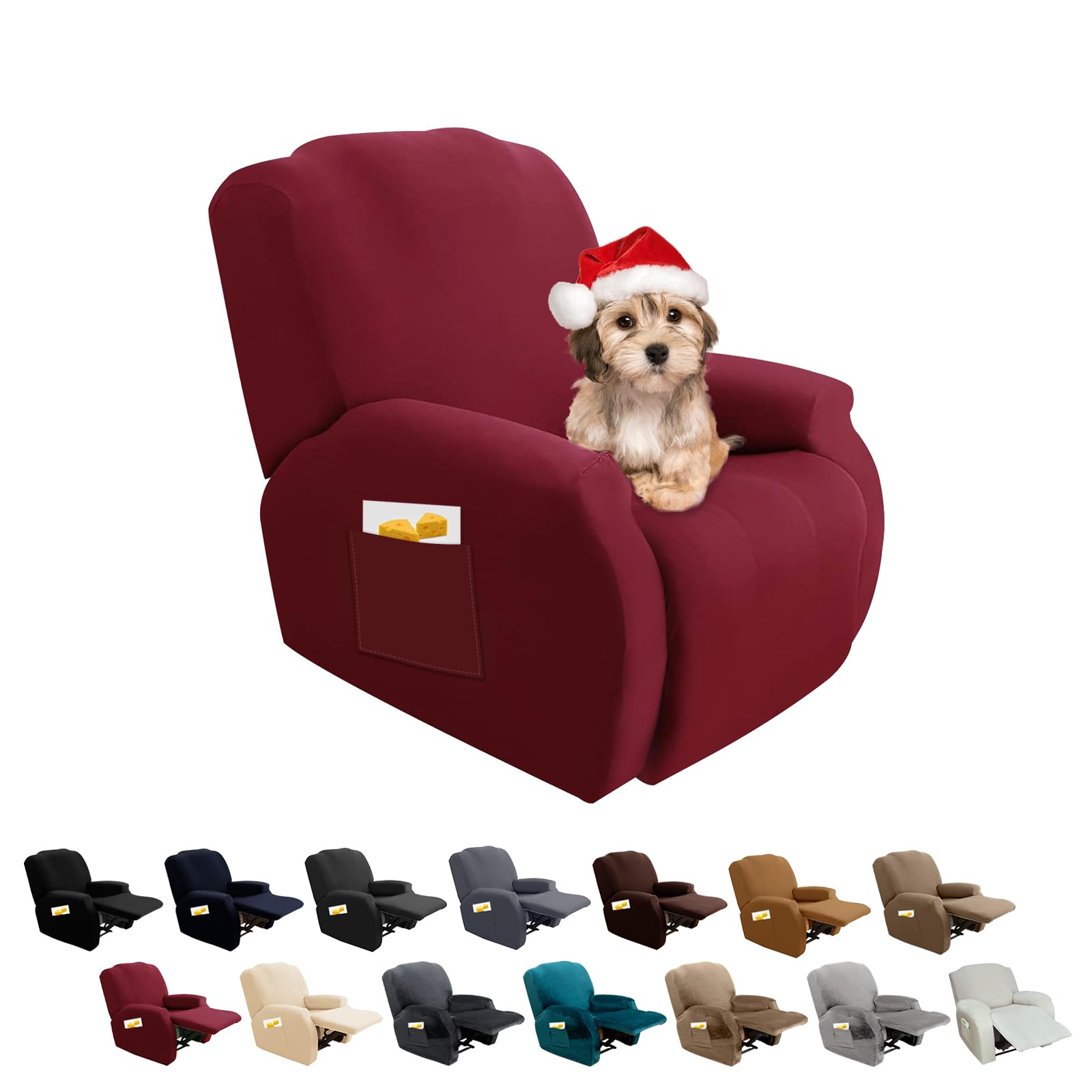 FIGOOO Copripoltrona Relax Reclinabile Copripoltrona 1 Posto Elasticizzato Relax Universale con Tasche 4-Pezzi Fodere per Poltrona Relax Lavabile Rimovibile Coprisedile Chivas,Borgogna