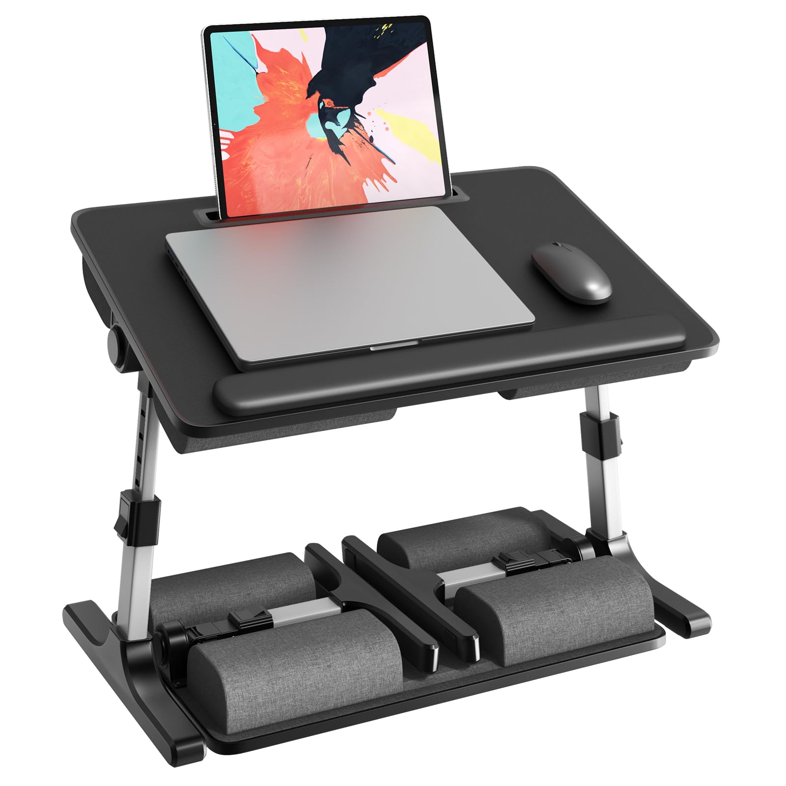PUTORSEN Laptoptisch fürs Bett - Höhenverstellbar und Winkelverstellbar, 2-in-1 Laptopkissen Klappbar, Größere Laptop Tisch für Bett Sofa Couch Boden, 58 x 37cm Schwarz