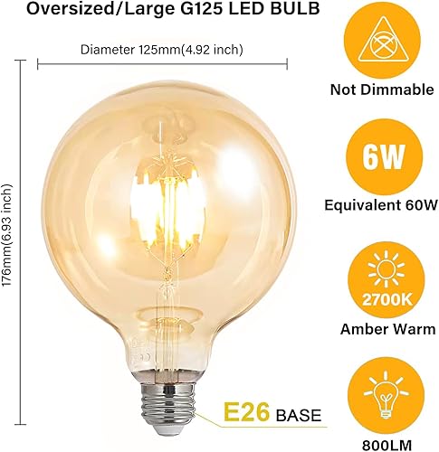 Miniatura 2 de BoostArea Bombillas LED equivalentes a 60 vatios, paquete de 2 bombillas LED G125 de 6 W, bombillas vintage antiguas ámbar, bombilla LED Edison E26,