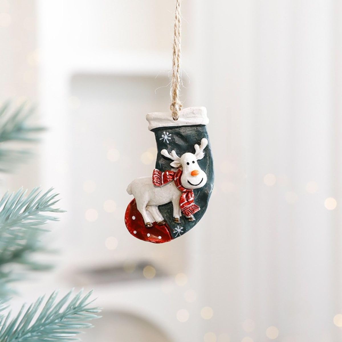 Christmas Tree Decoration – Hanging Festive Ornament for Xmas, Reusable Cute Holiday Decor for Home & Party (1, Stocking with White Deer)