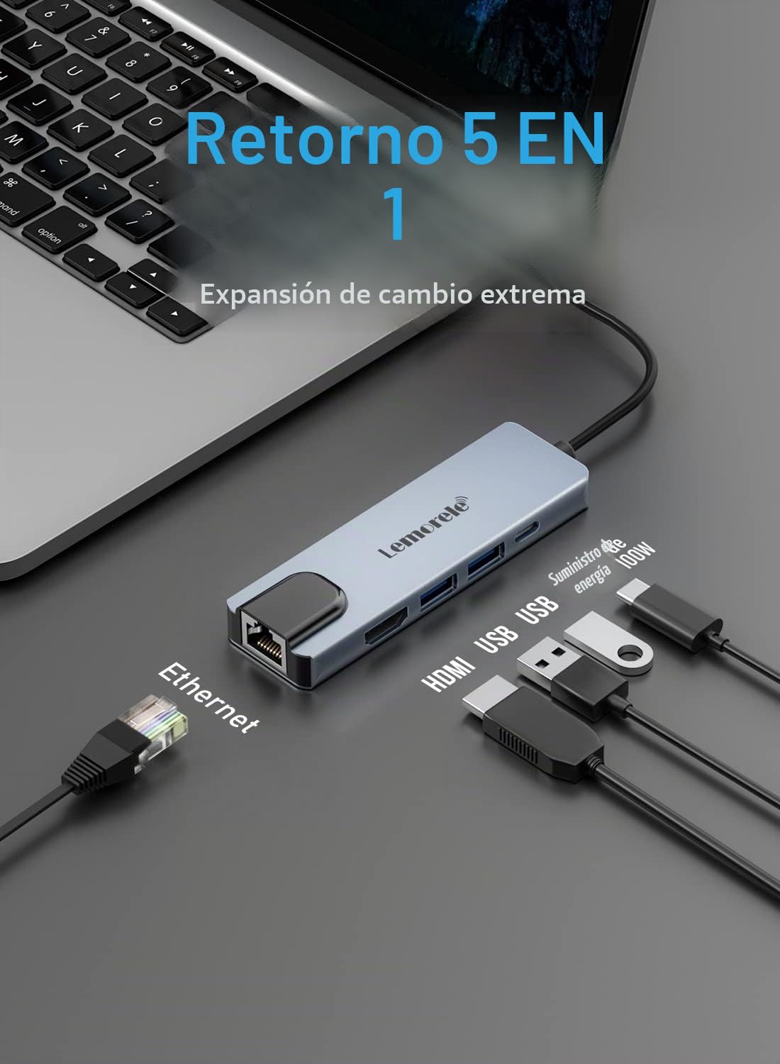 Lemorele Hub USB C con Ethernet, Adaptador USB C 5 en 1, Adaptador multipuerto con 4K HDMI, Ethernet LAN RJ45, 2 USB 3.0, PD 100W, Dock USB C para MacBook Pro/Air, ChromeBook, Switch, etc