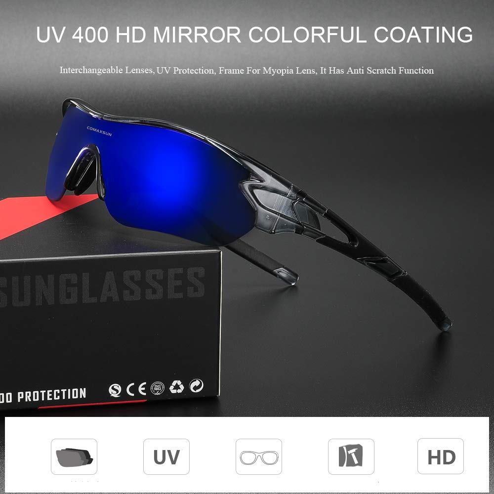 COMAXSUN Cycling Polarized Sunglasses for Men Women Running Driving Fishing Trekking Sports Glasses with 5 Lens (Gray Black)