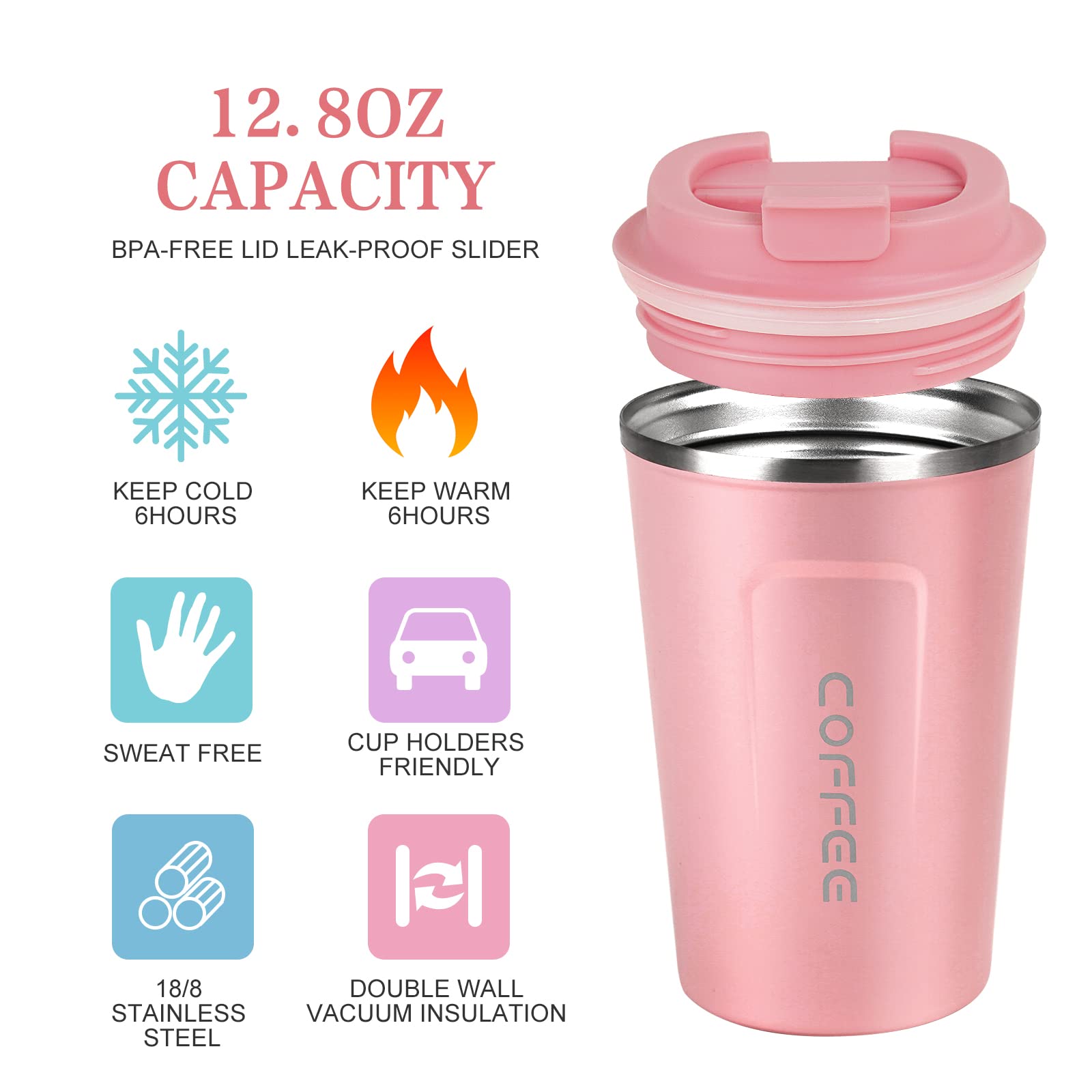 flintronic Coffee Cup, Insulated Coffee Mug with Leakproof Lid, Resuable Travel Mugs Cup for Cold & Hot Drinks (Pink, 380, Millilitres) - Image 3