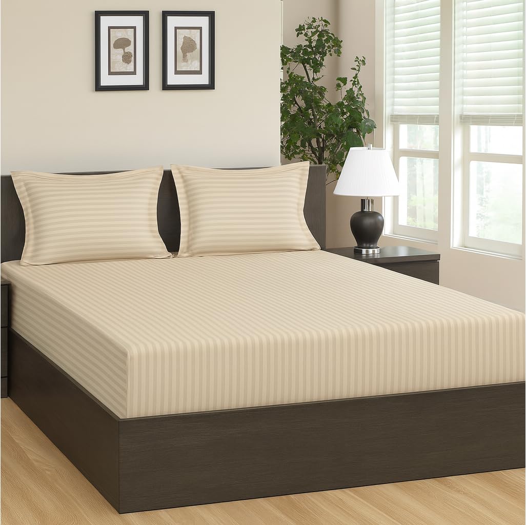KISHORI FABS Beige Presents Luxurious Glace Cotton Super Soft 310 TC Queen Size (78X72X8 Inch) 360° Flat Bedsheet with 2 Pillow Covers,Pattern-Solid
