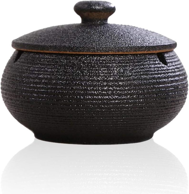 Lependor Ceramic Ashtray with Lids, Windproof, Cigarette Ashtray for Indoor or Outdoor Use，Ash Holder for Smokers,Desktop Smoking Ash Tray for Home Office Decoration - Black
