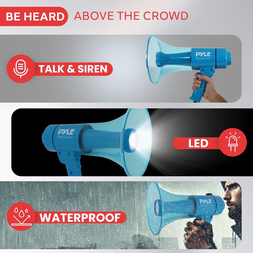 Pyle Megáfono PA portátil con Sirena de Alarma y Volumen Ajustable, 40 W, Ligero, Grado Marino, Impermeable, Funciona con Pilas AA para Uso en Interiores y Exteriores