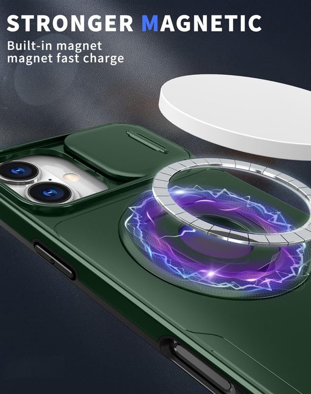 Image of LuxuryKase MagSafe Shockproof Rugged Back Case for iPhone 17 | Finger Ring Kickstand & Sliding Camera Cover | Military Drop Protection | Wireless Charging Support - Dark Green