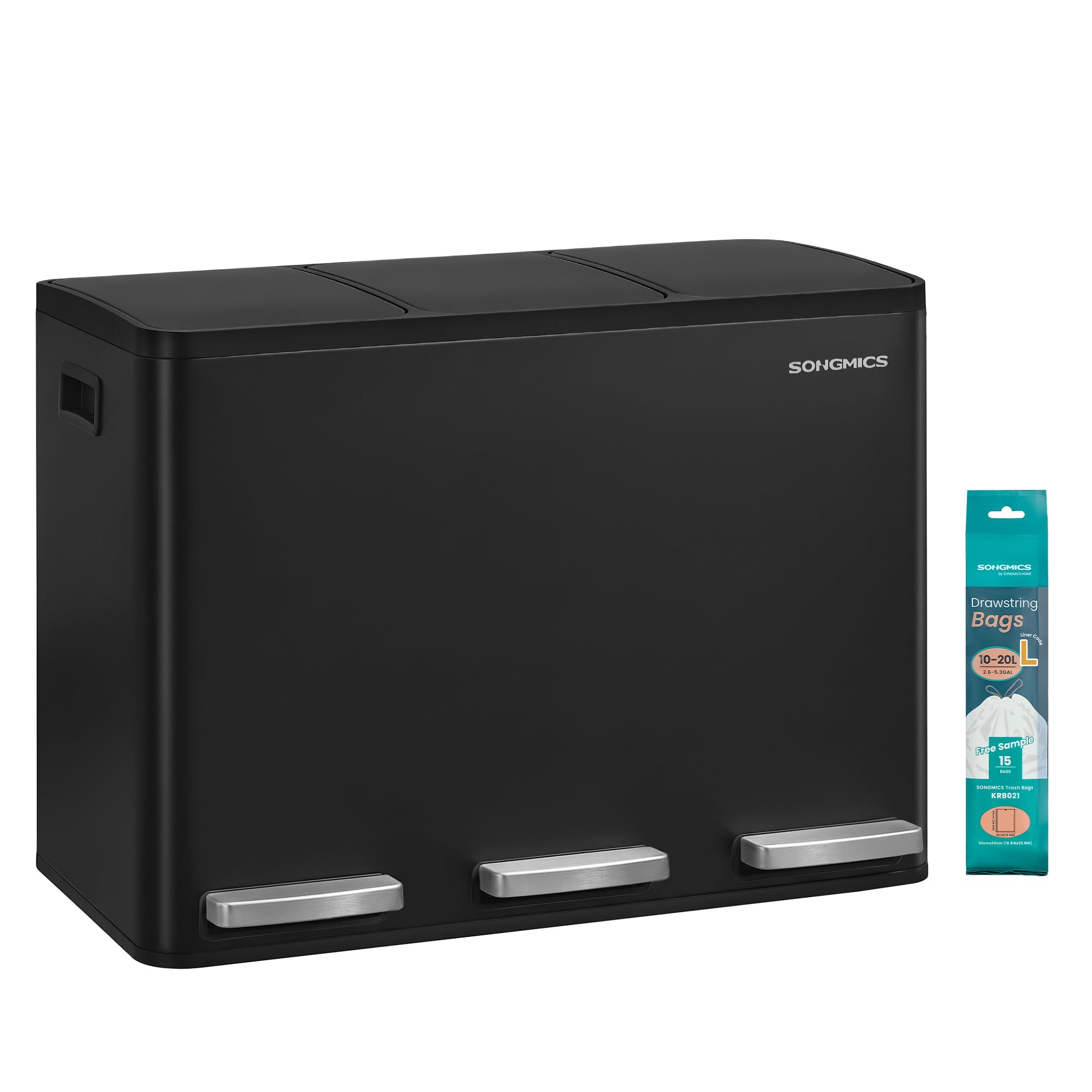 SONGMICS Kosz na śmieci, 3 x 15 l, 3-komorowy system segregacji odpadów, pojemnik z 15 workami na śmieci, kosz z pedałem, wyjmowane wewnętrzne wiadro, pokrywa z cichym zamykaniem, czarny LTB145BZ02