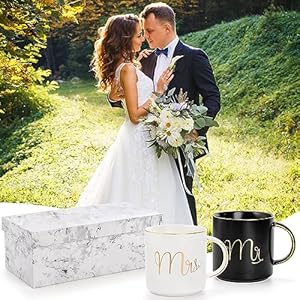 Yesland 12 oz Mr and Mrs Mug, Ceramic Coffee Mug for the Couple, Ideal Gift for Engagement, Anniversary, His and Hers, Bride and Groom, Valentines and Christmas Gifts - Set of 2 (Black & White) Yesland 12 oz Mr and Mrs Mug Ceramic Coffee Mug for the Couple Ideal Gift for Engagement Anniversary His and Hers Bride and Groom Valentines and Christmas Gifts Set of 2 Black White