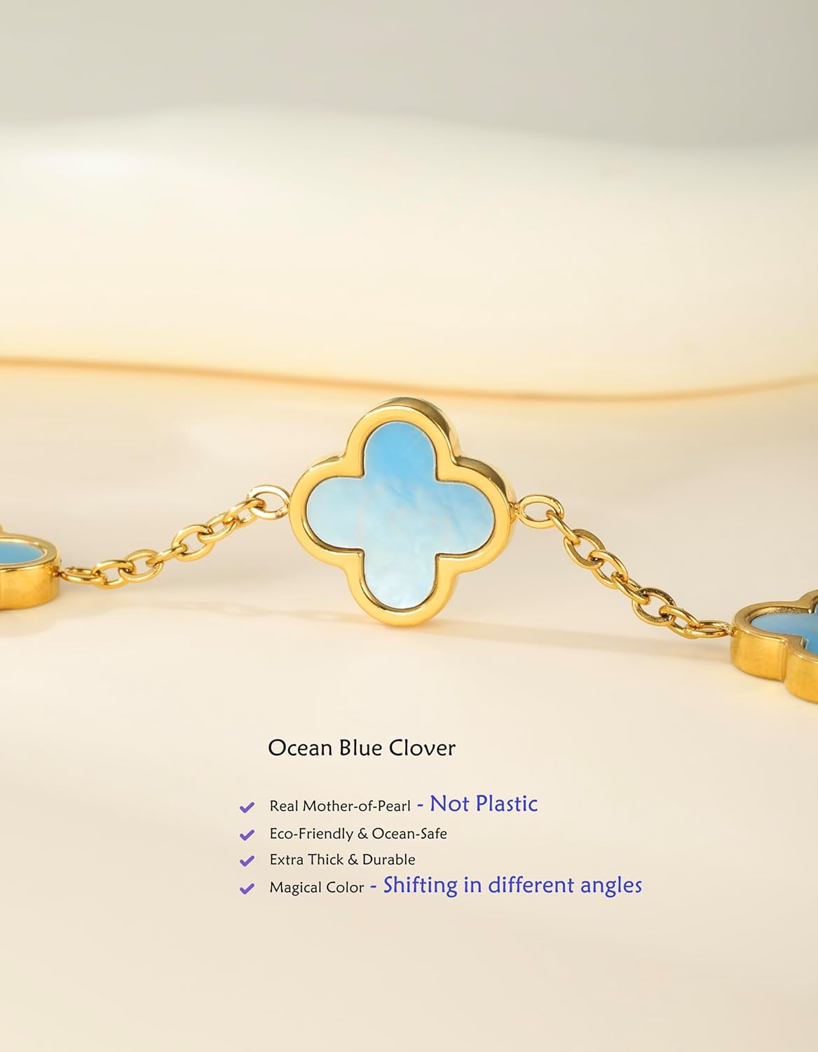 Genuine Mother of Pearl Four Leaf Clover Bracelet, 18K Gold Plated Dainty Jewelry, Lucky Charm Gift for Women (Pearl White/Ocean Blue/Sweet Lilac) - Image 7