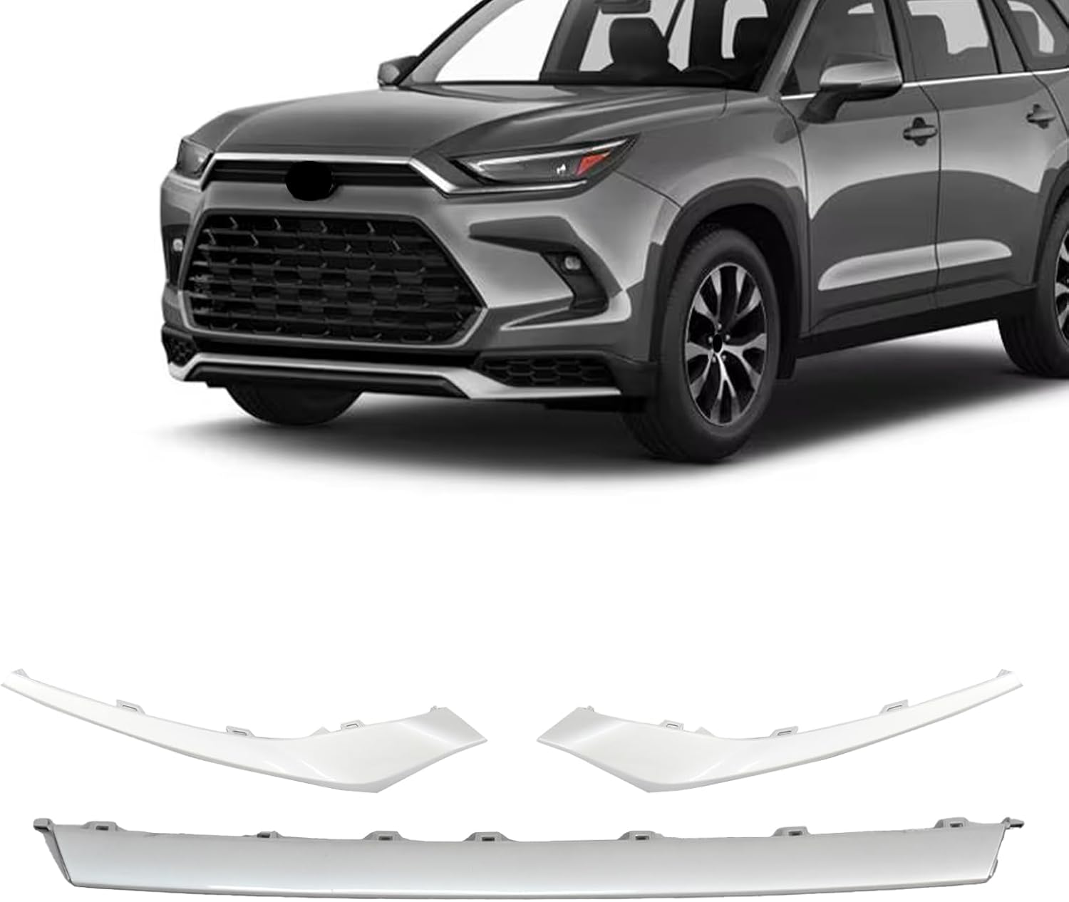 Front Lower Bumper Trim Molding Kit Compatible with Toyota Grand Highlander 2024-2025 Silver Center & Side Trim 3PCS