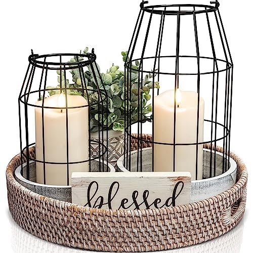 Rustic Farmhouse Lantern Decor Set of 2 – Stylish Decorative Lanterns for Your Living Room, Fireplace Mantle or Kitchen Dining Table – Modern Upscale Beauty for Your Entire Home