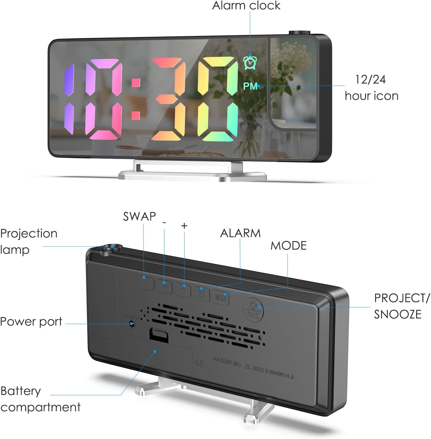 Назад view of AMIR Projection Alarm Clock showing buttons and ports