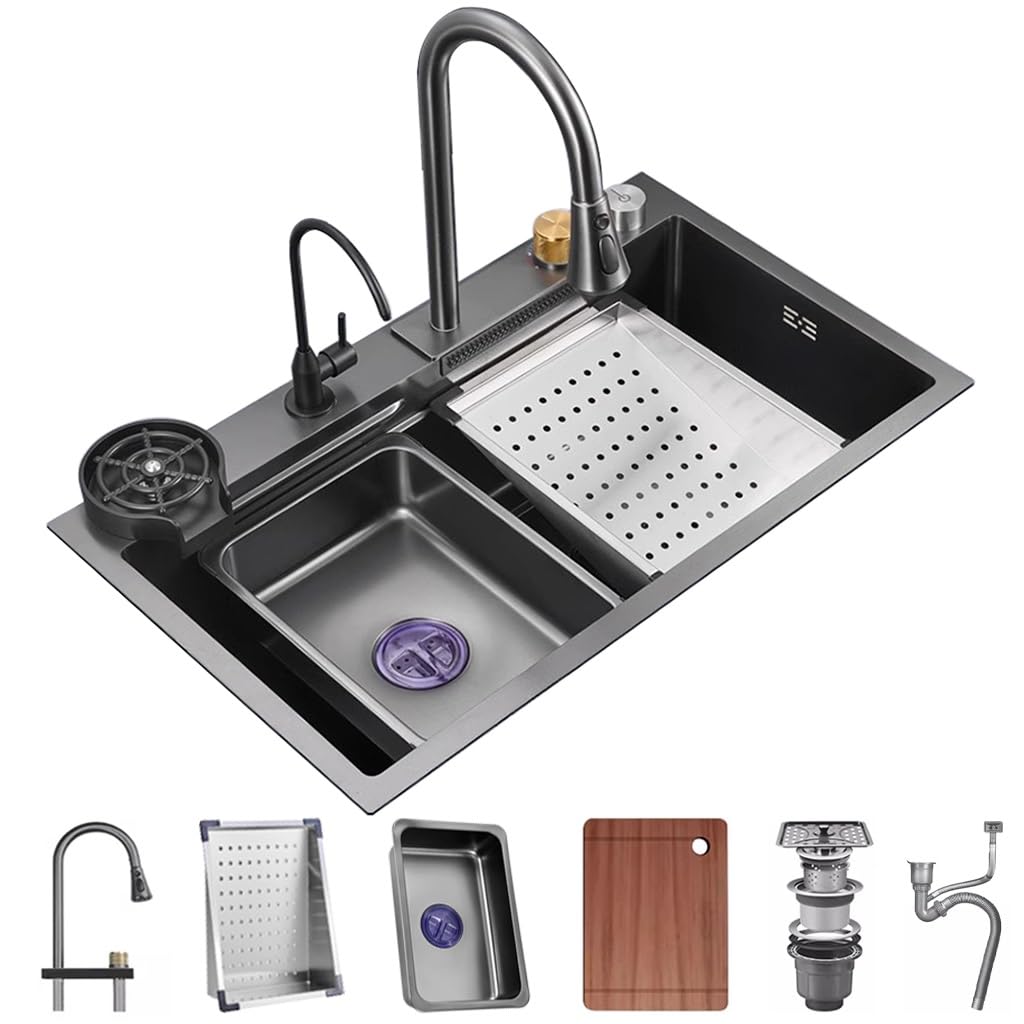 ZQFHSX Stainless Steel Single-Bowl Kitchen Workstation Sink Nano-Coated Bar With Pull-Out Faucet And Cup Washer Complete Accessory Set (Size : 75x45x22cm)
