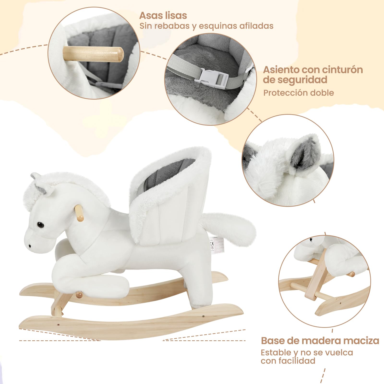 WOLTU Caballito Balancín para Bebés Caballo Mecedora de Madera con Sonidos Caballito Juguete Infantil para Niños de 18 a 36 Meses Caballo Juguete Peluche con Asas, Blanco y Gris