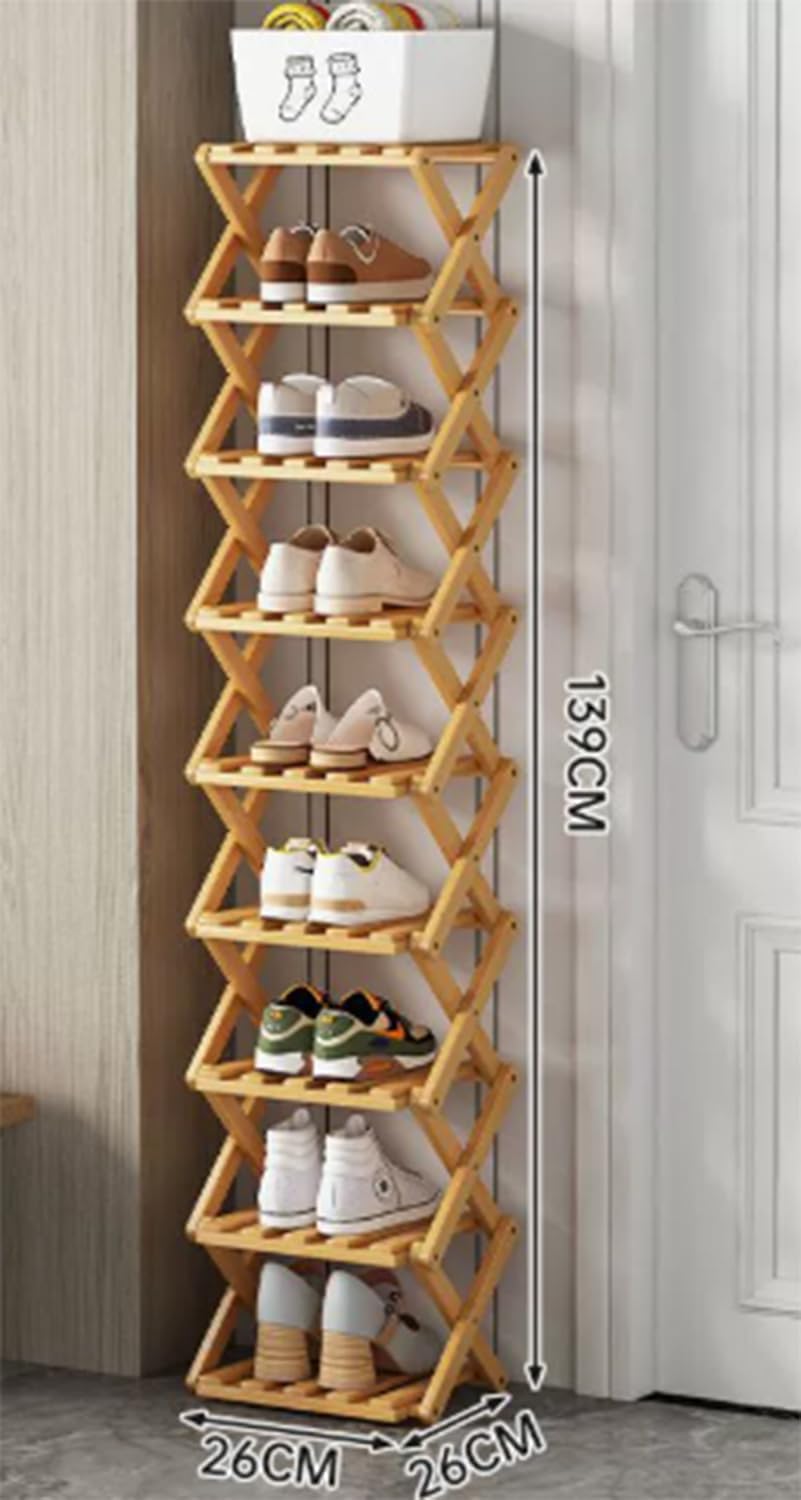 Foldable Shoe Rack, Tier No-Assembly Bamboo Rack, 2026 New Portable Bamboo Corner Shoe Rack, Multifunctional Narrow Shoe Shelf for Entryway, Closet, Corner, Bedroom (9 Layers)