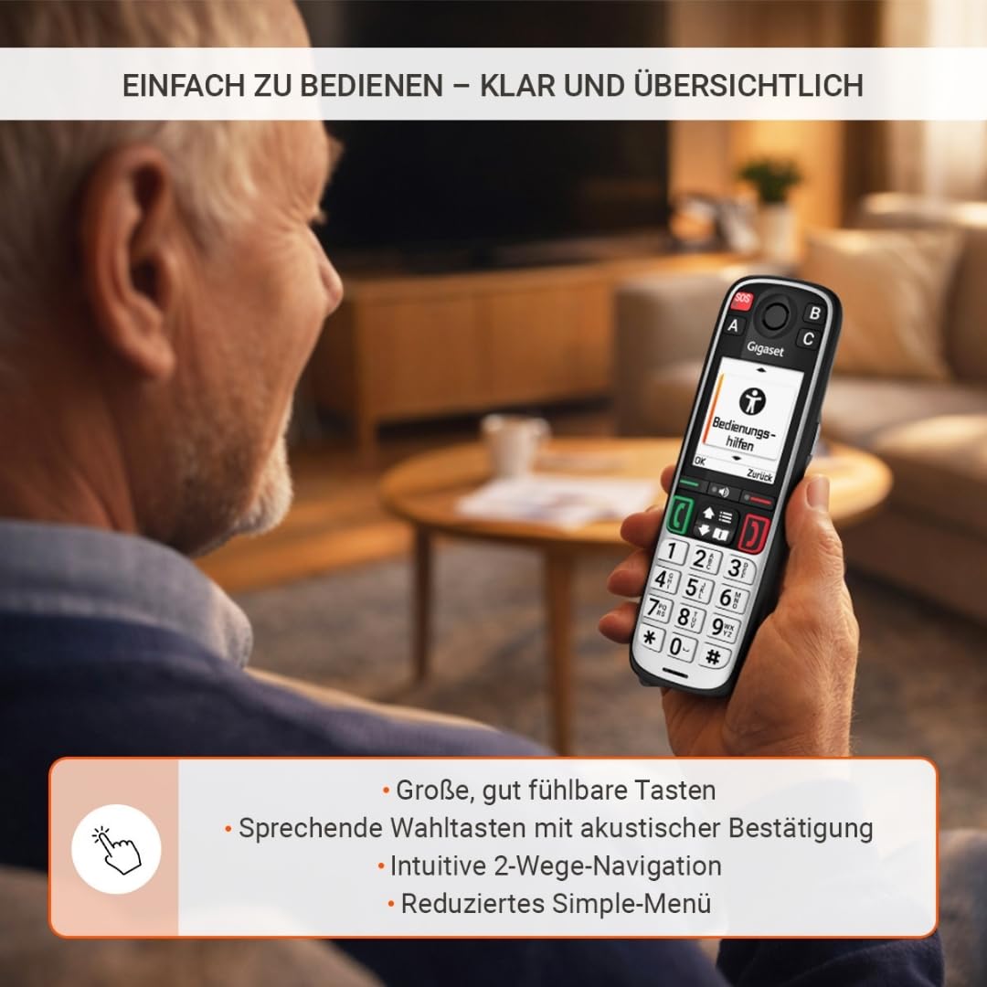 Gigaset Easy 520A Seniorentelefon mit Anrufbeantworter, SOS-Notruf, Schwarz | 2,2-Zoll-Farbdisplay, Freisprechfunktion, Direktwahltasten, Made in Germany, [Kompatibel in DE, IT, FR, NL, BE, CHE, AUT]
