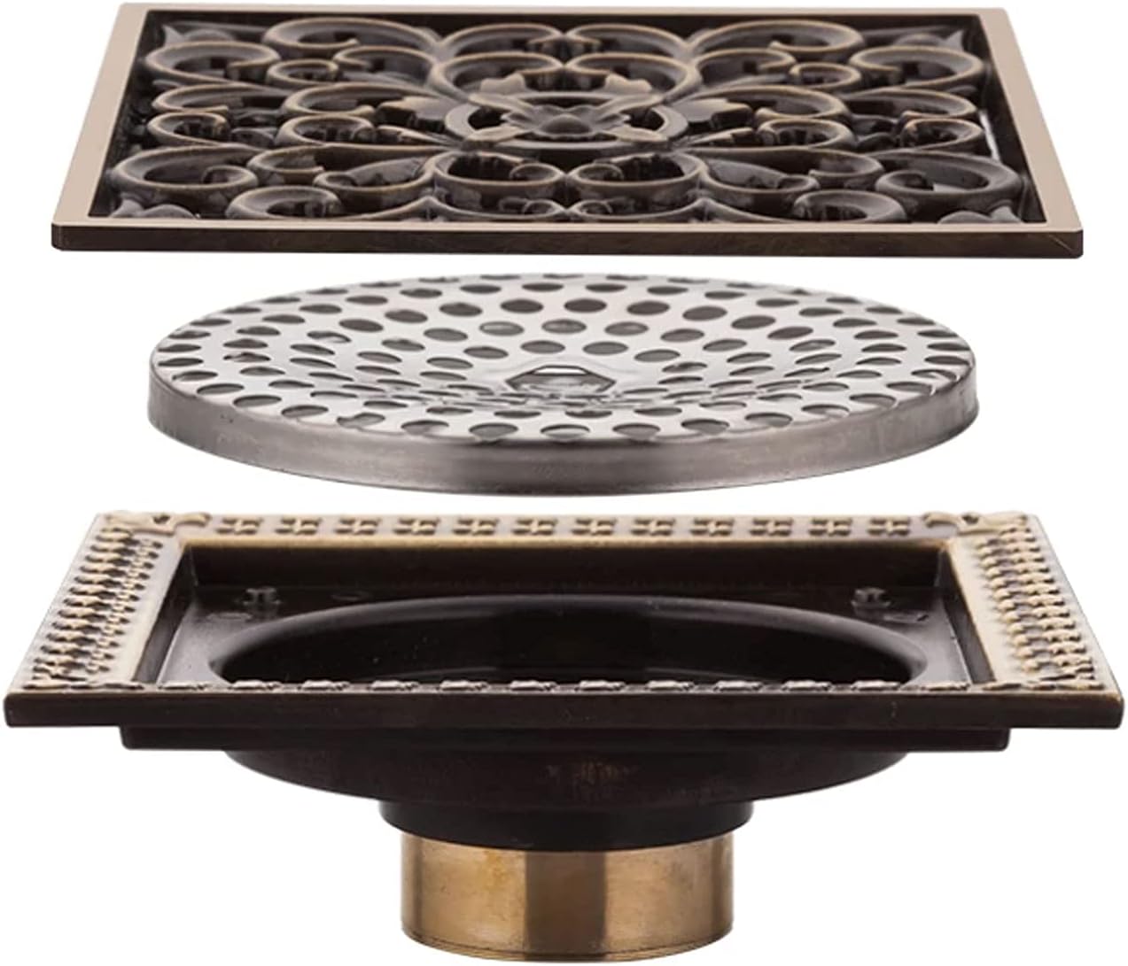 スクエアシャワーフロア排水カバー、12X12cmシャワー排水口、取り外し可能なカバー格子付き、真鍮製クローム仕上げ、ファミリーバスル