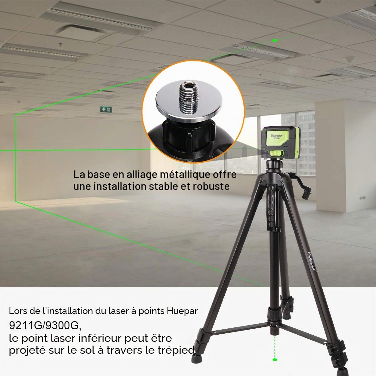 Huepar TPD16 Trépied en aluminium tête plate niveau laser poignée niveau à bulle filetage 5/8"-11 adaptateur 1/4"-20 sac de transport inclus