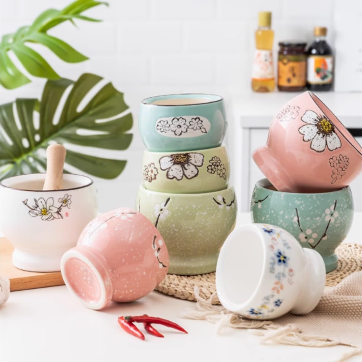 Zestaw MoźDzierza I TłUczka Ceramiczny Rozdrabniacz Czosnku, Domowy Zagęszczony Czosnkowy Młynek Do Słoików, Ręczny, Zestaw Tłuczków Produkcja Przypraw(Pink)
