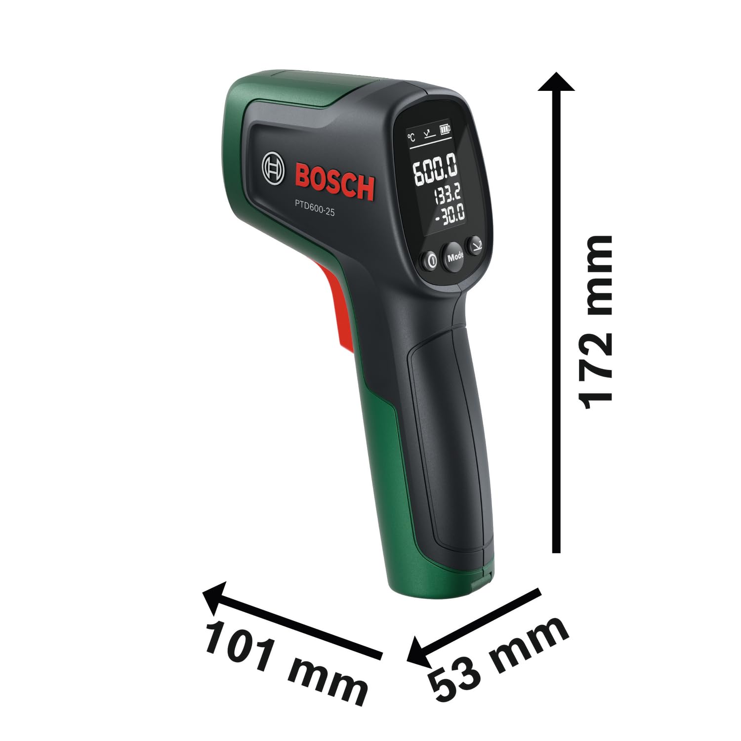 Bosch Termometro a infrarossi PTD600-25 (da -30 °C a +600 °C, 3 modalità, puntatore laser, display retroilluminato, compattezza e leggerezza)