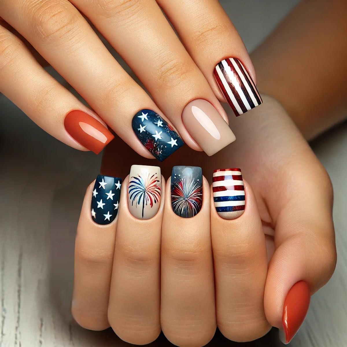 Short Press on Nails Independence Day Square Fake Nails Cute Star Stripes Glue on Nails Glossy Acrylic Full Cover False Nails 4th of July Artificial