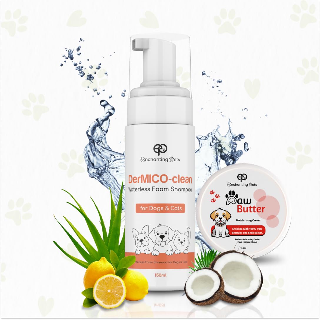 ENCHANTING PETS DerMICO Clean Waterless Foam Shampoo 150ml, with Paw Butter 15ml, Innovative Formula for Waterless Bathing, Enriched with Conditioners, Ideal for Old and Sick Dogs & Cats (B0CSDJ3V73) Amazon Price History, Amazon Price Tracker