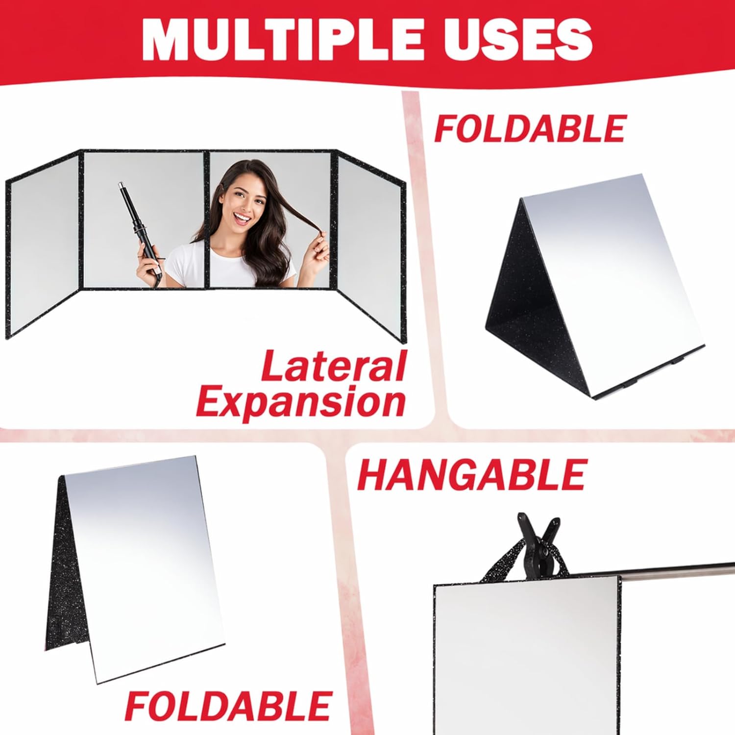 Foldable Full Length Mirror 2-in-1 Wall-Mounted or Tabletop Mirror, Portable Travel Mirror with Handle for Dance Home Bedroom Wardrobe Stage Makeup Checks Camping Outdoor Use (47" x 12.5", Four-Fold)