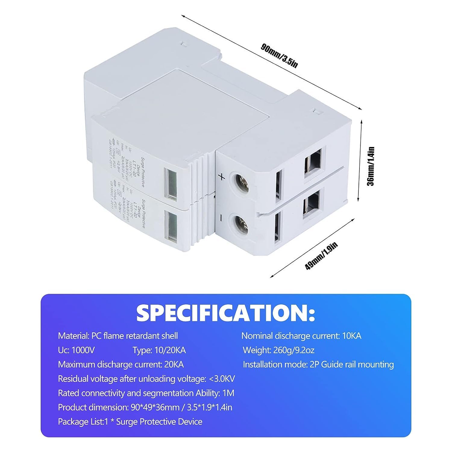 Scaricatore Fotovoltaico LT1-40 2P 1000V CC 40KA Protezione Sovratensione Guida DIN 35mm