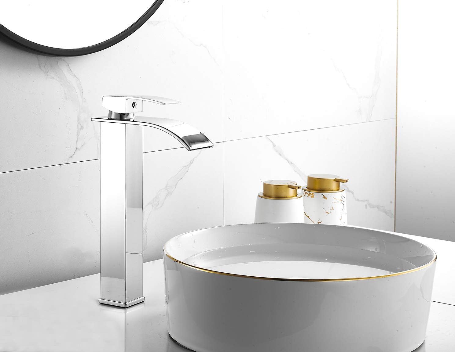Chrome Bathroom Vessel Sink Faucet Waterfall Bathroom Faucet Tall Single Handle One Hole Lavatory Sink Bowl Mixer Tap Deck Mount Commercial