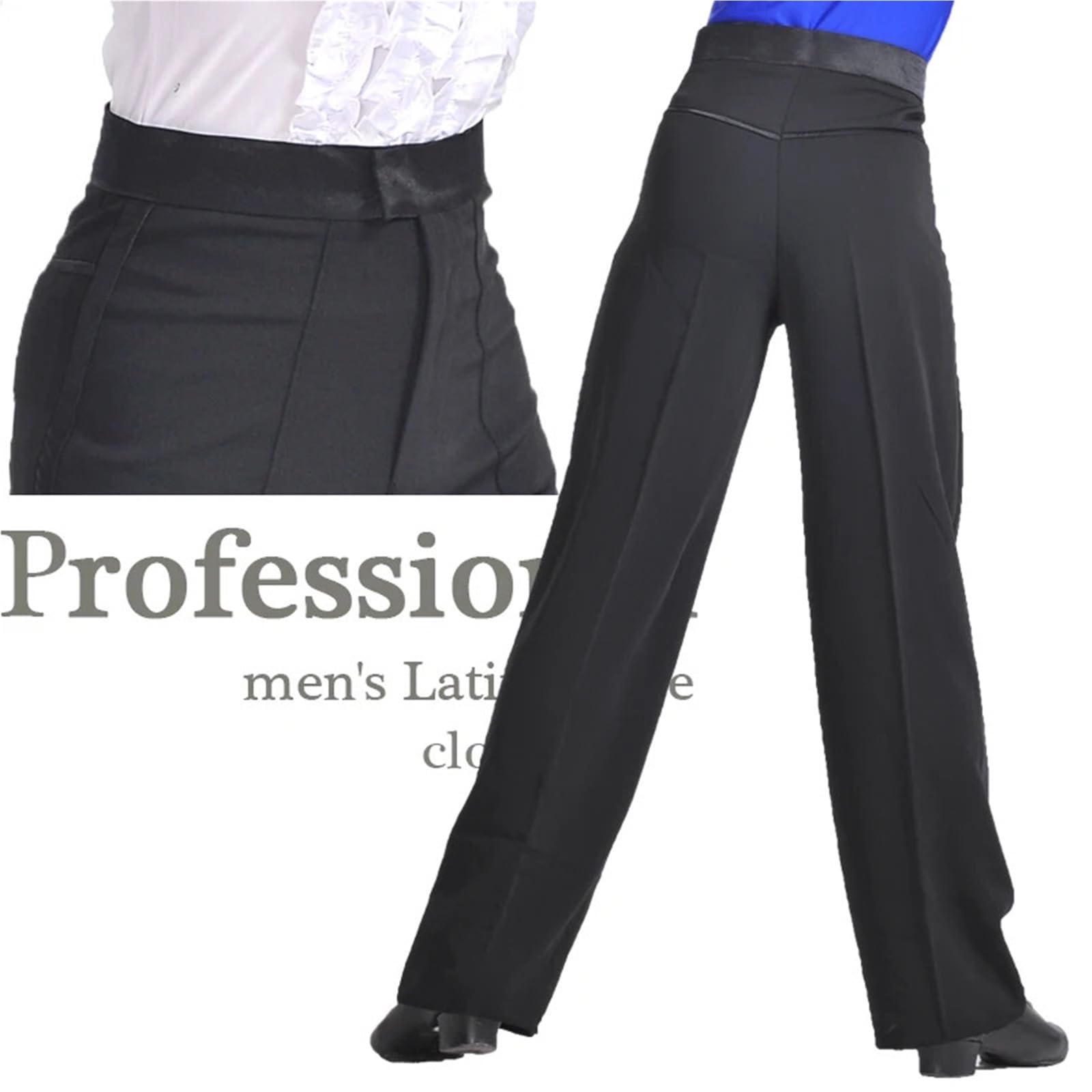Latein Tanzhosen for Herren Schwarze Farbe Professionelle Männer Latin Dance Hosen Spandex Jungen Ballroom(17 Waist 55CM)
