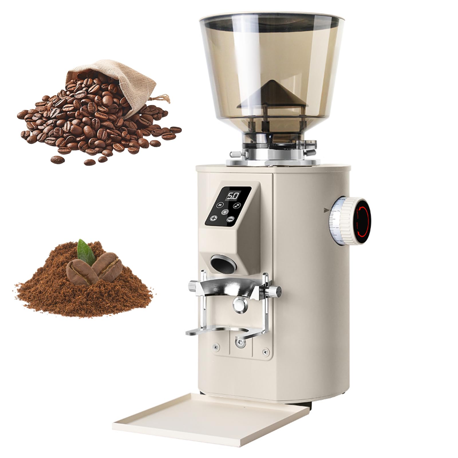 Molinillo de café eléctrico, molinillos de espresso de 450 g con 9 ajustes de molienda y muelas planas de acero de 64 mm, pantalla LED, cepillo, molinillo de especias para uso doméstico y comer white